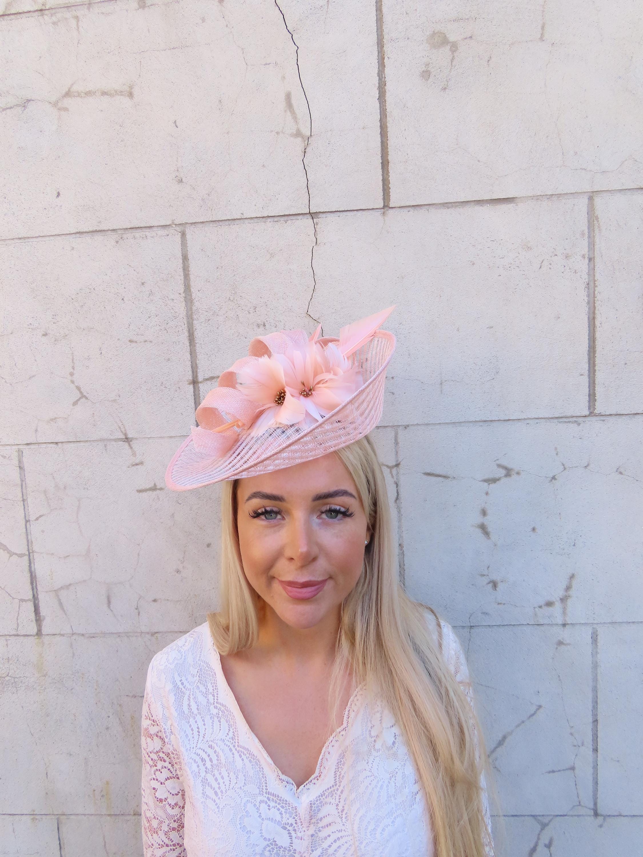 Large Peach Blush Gold Disc Sinamay Saucer Feather Flower Hat