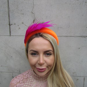 Orange & Fuchsia Pink Magenta Statement Feather Padded Headband Fascinator Races Wedding Halo Crown Spiky Feather Hair Band Headpiece u1p