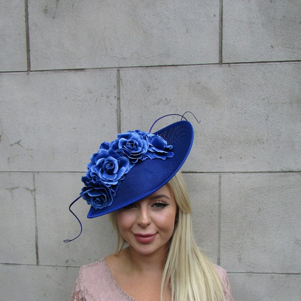 New Large Royal Blue Rose Flower Feather Teardrop Fascinator Hat Cocktail Races Wedding Floral Hatinator Statement Headpiece Cobalt OR-1