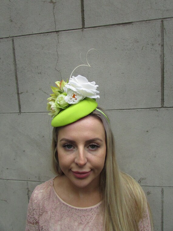 Feather fascinator Hair Clip - Lime Green & White. Hat Lime green crystal feather fascinator hat – House of Hats main image 3