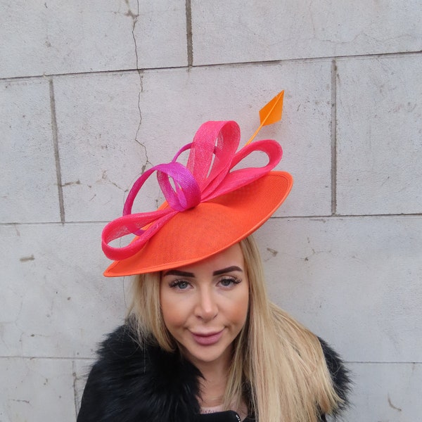 One off Piece - Large Vibrant Orange Magenta Pink Hot Fuchsia Fascinator Hat Big Teardrop Wedding Races Headband Headpiece Hatinator u12701