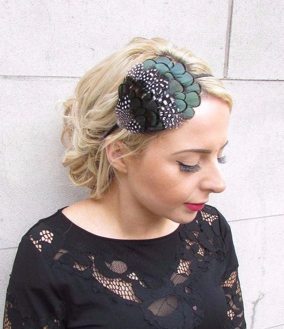 Black Green White Lady Amherst Pheasant Feather Fascinator Headband 40s 4213