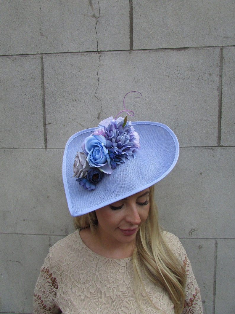 Large Light Cornflower Blue Lilac Periwinkle Bluebell Blue Grey Rose Floral Flower Fascinator Hat Big Teardrop Wedding Races u1z7 image 2