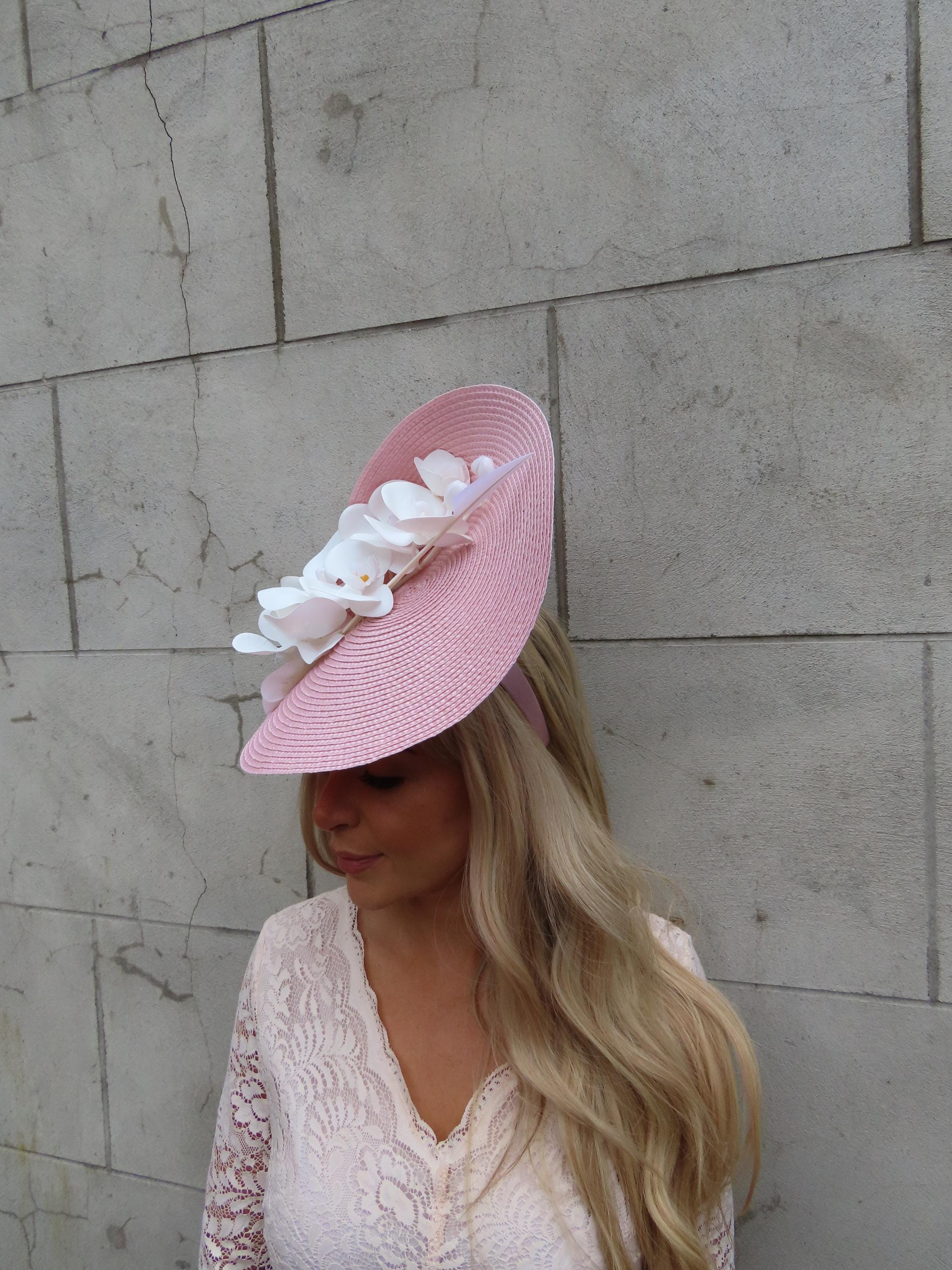 Large White & Blush Light Pink Orchid Flower Feather Hat Fascinator ...
