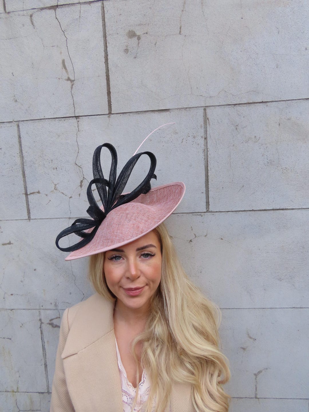 One off Piece - Large Black and Nude Pink Fascinator Hat Big Teardrop