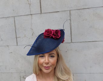 Women\'s Statement Feather Fascinator Hat in Blue and Red Navy Blue and Red Feather Fascinator Hat - Wedding, Ladies  main image 3
