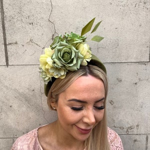 Sage Olive Khaki Green Floral Flower Velvet Padded Headband Fascinator Headpiece Ladies Day Wedding Guest Races Halo u10107