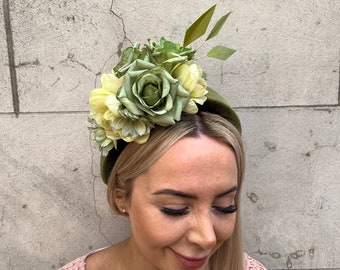 Sage Olive Khaki Green Floral Flower Velvet Padded Headband Fascinator Headpiece Ladies Day Wedding Guest Races Halo u10107