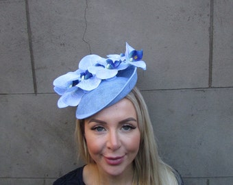 New Light Blue Orchid Flower Saucer Disc Hat Fascinator Headband Wedding Races Hair Hatinator Headpiece Ladies Day Baby Blue u11612