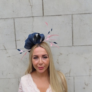 Navy Blue & Blush Dusky Pink Feather Sinamay Fascinator Wedding Guest Headband Headpiece Races One off Piece - u12207
