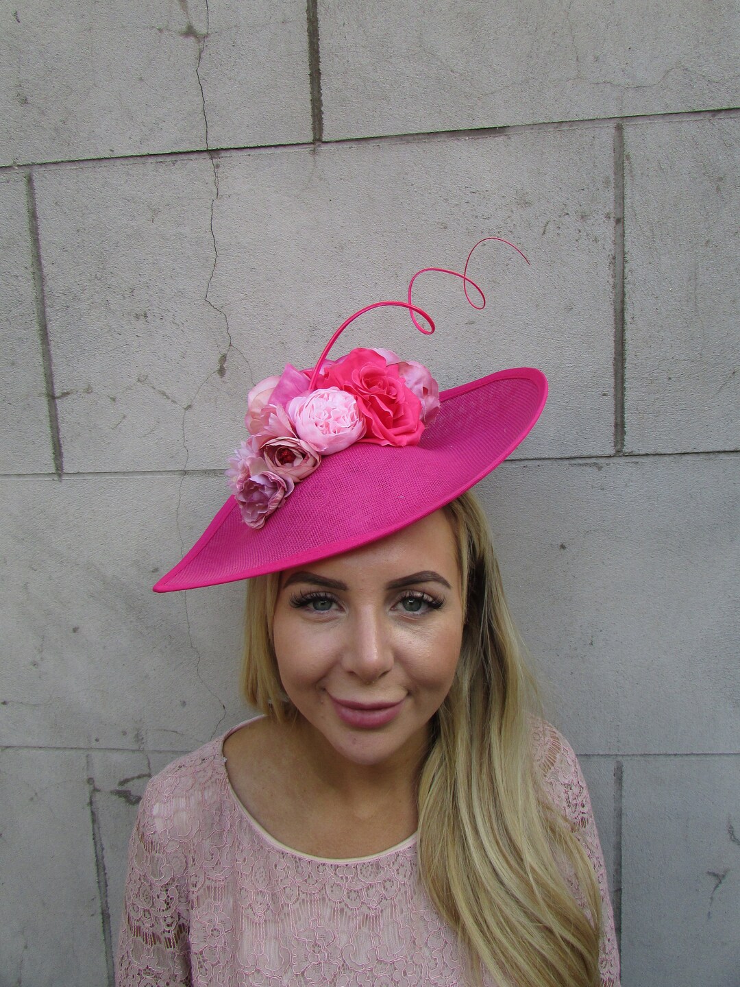 Large Hot Pink Mauve Blush Pink Flower Teardrop Fascinator Hat Races ...