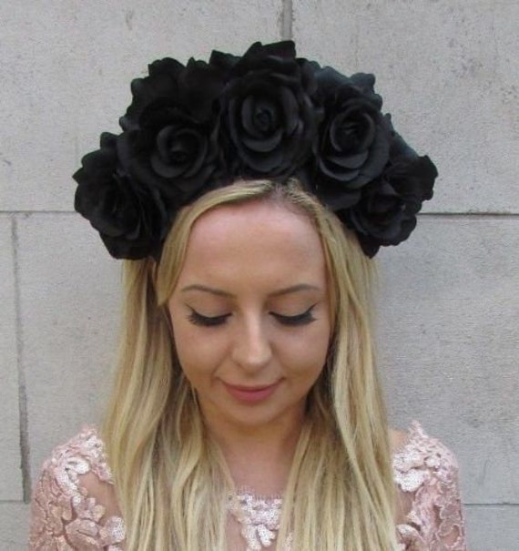 Large Halloween Black {SUGAR SKULL }ROSE Flower Garland Elastic Headband