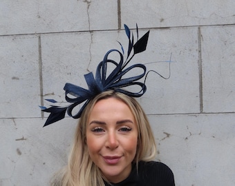 Navy Blue Feather Flower Gold Bead Sinamay Fascinator Hat  display picture 1