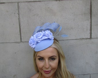 Cornflower Lilac Light Blue Rose Flower Feather Hat Fascinator Races Wedding 0999c