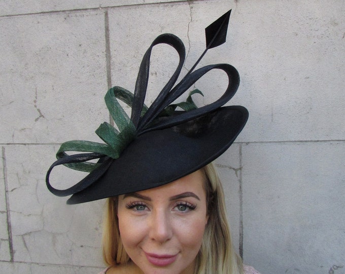 Large Black Dark Green Emerald Bottle Green Fascinator Hat Big Teardrop