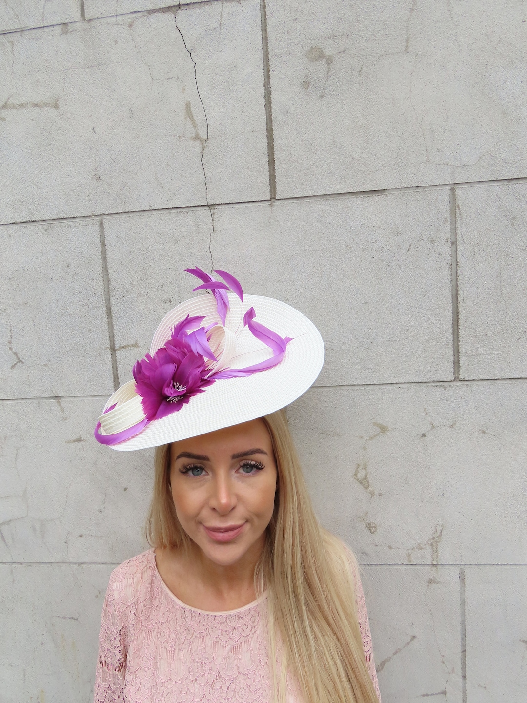 Large Cream Plum Purple Feather Straw Style Hat Fascinator