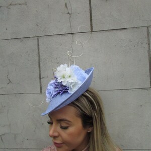 Large Cream Ivory Light Cornflower Blue Periwinkle Floral Flower Fascinator Hat Big Teardrop Wedding Races sh-296 image 3