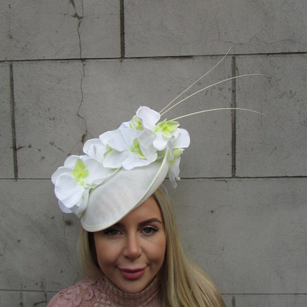 Large Cream Orchid Feather Flower Saucer Disc Hat Fascinator Races Big Lime Green sh-464