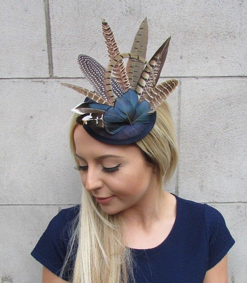 Navy Blue Pheasant Feather Pillbox Hat Fascinator Races Hair Etsy