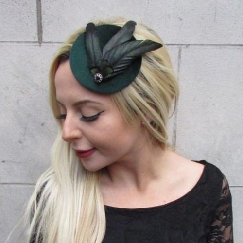 Black Dark Green Rose Flower Feather Pillbox Hat Fascinator Races Hair 6408