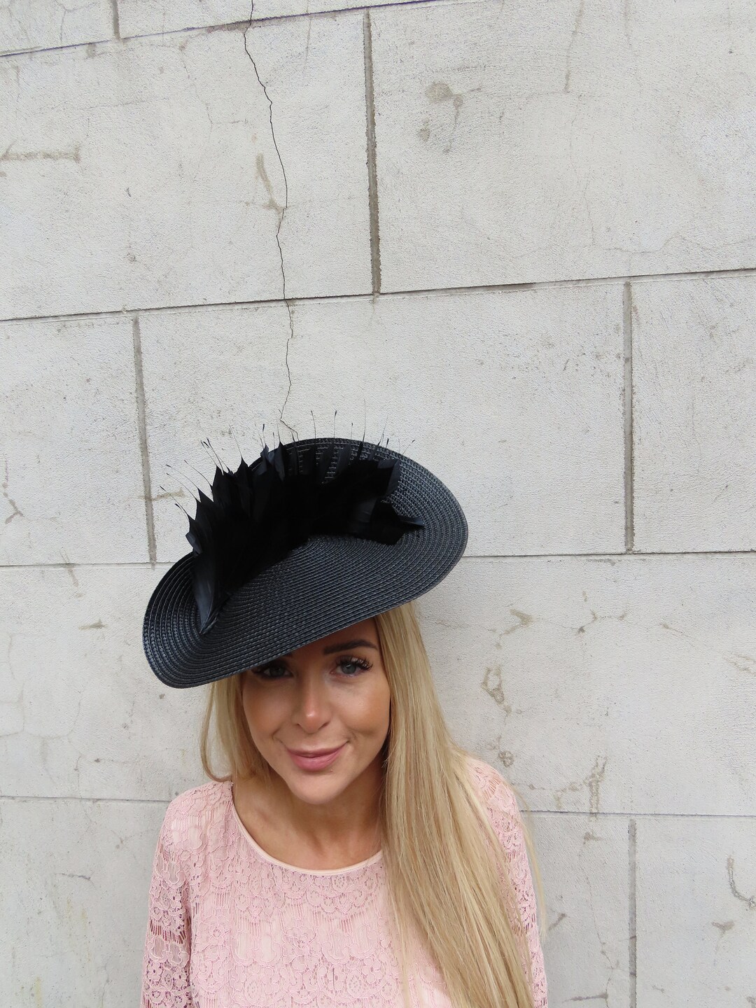 One off Piece Large Black Feather Straw Style Hat Fascinator Wedding ...