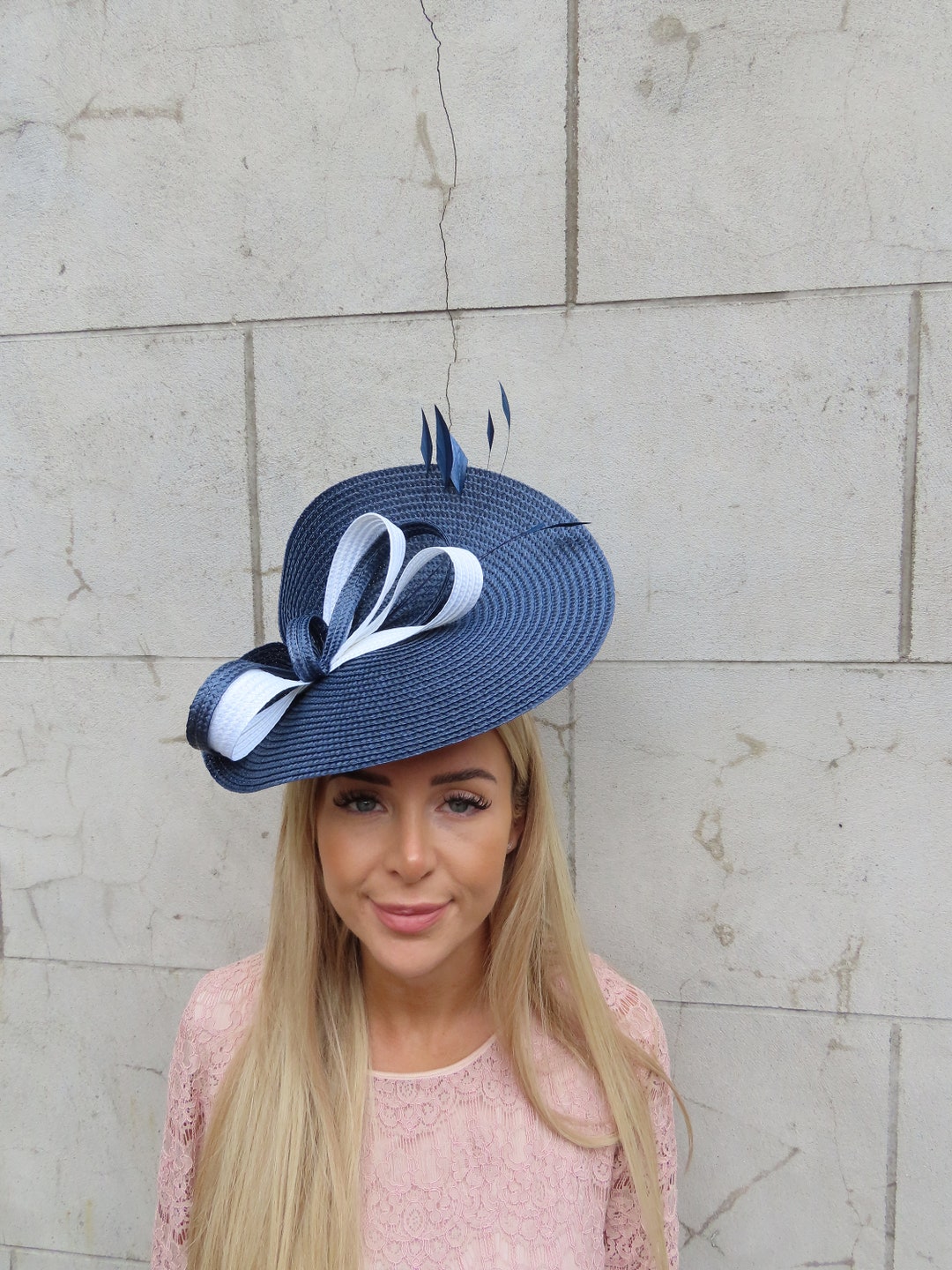 One off Piece Large Navy Blue White Straw Style Hat Fascinator Wedding ...