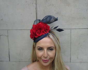Navy Blue & Red Rose Flower Fascinator Floral Pillbox Hat Sinamay Wedding Races Hair Fascinator Headpiece Hairband or Clips SH-75