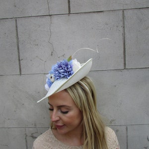 Large Cream Light Cornflower Blue Periwinkle Rose Floral Flower Fascinator Hat Big Teardrop Tilted Wedding Races sh-426 image 3