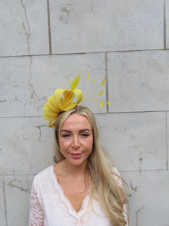 Yellow Feather Fascinator Headband Headpiece Races Wedding  display picture 3
