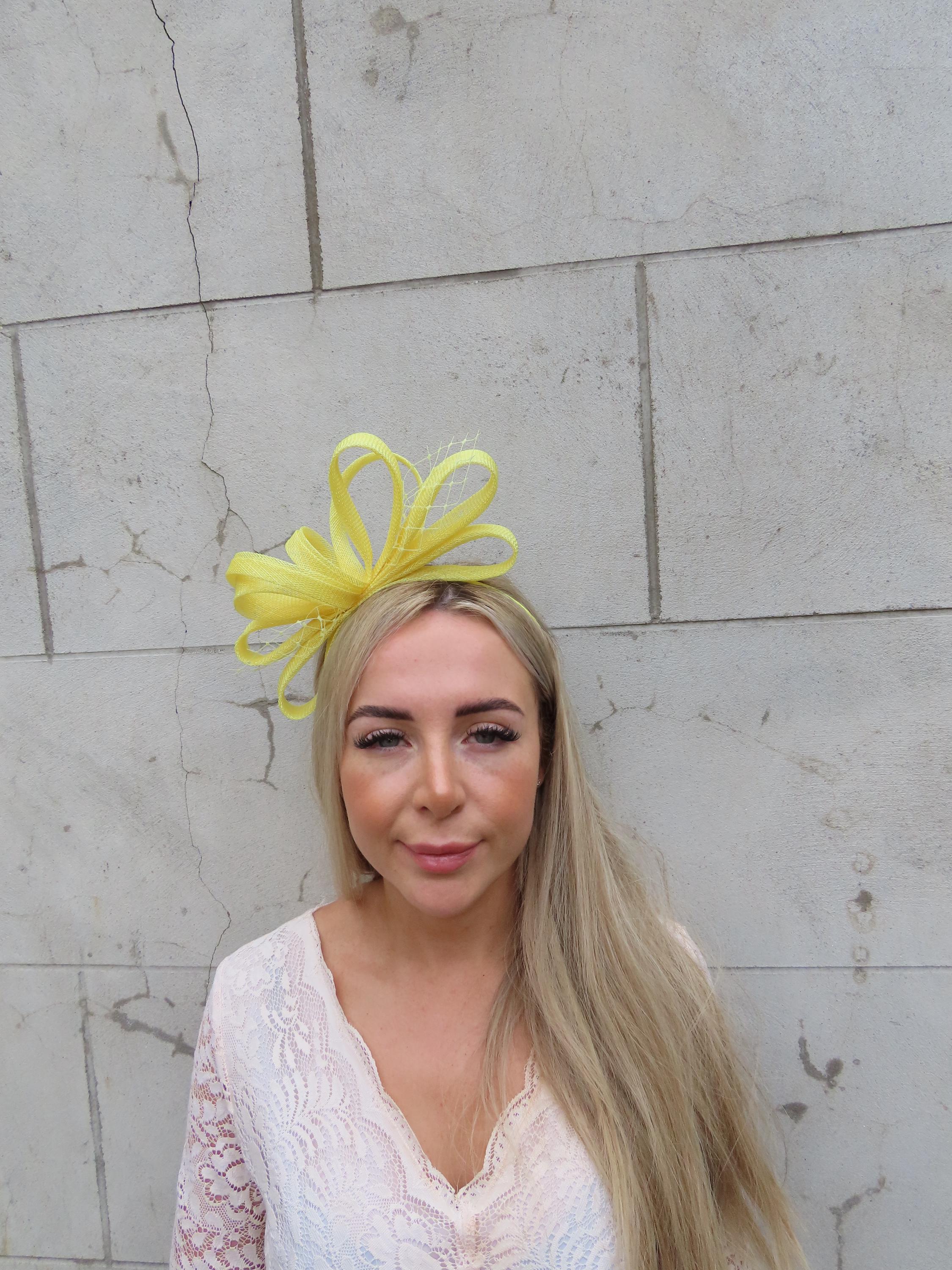 Chic Yellow Fascinator with Netting Yellow Disc Fascinator with Fabric Rose & Netting main image 4