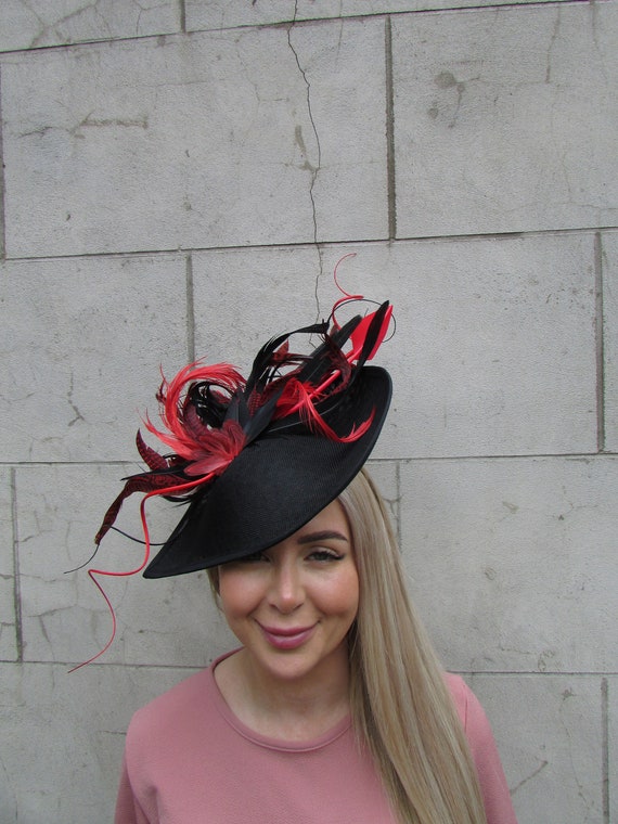H20 Hat Gallero Style in Black/ Red Feather and Black headband  NWOT Mini Top Hat Red Feather Fascinator Cocktail at Amazon  main image 3