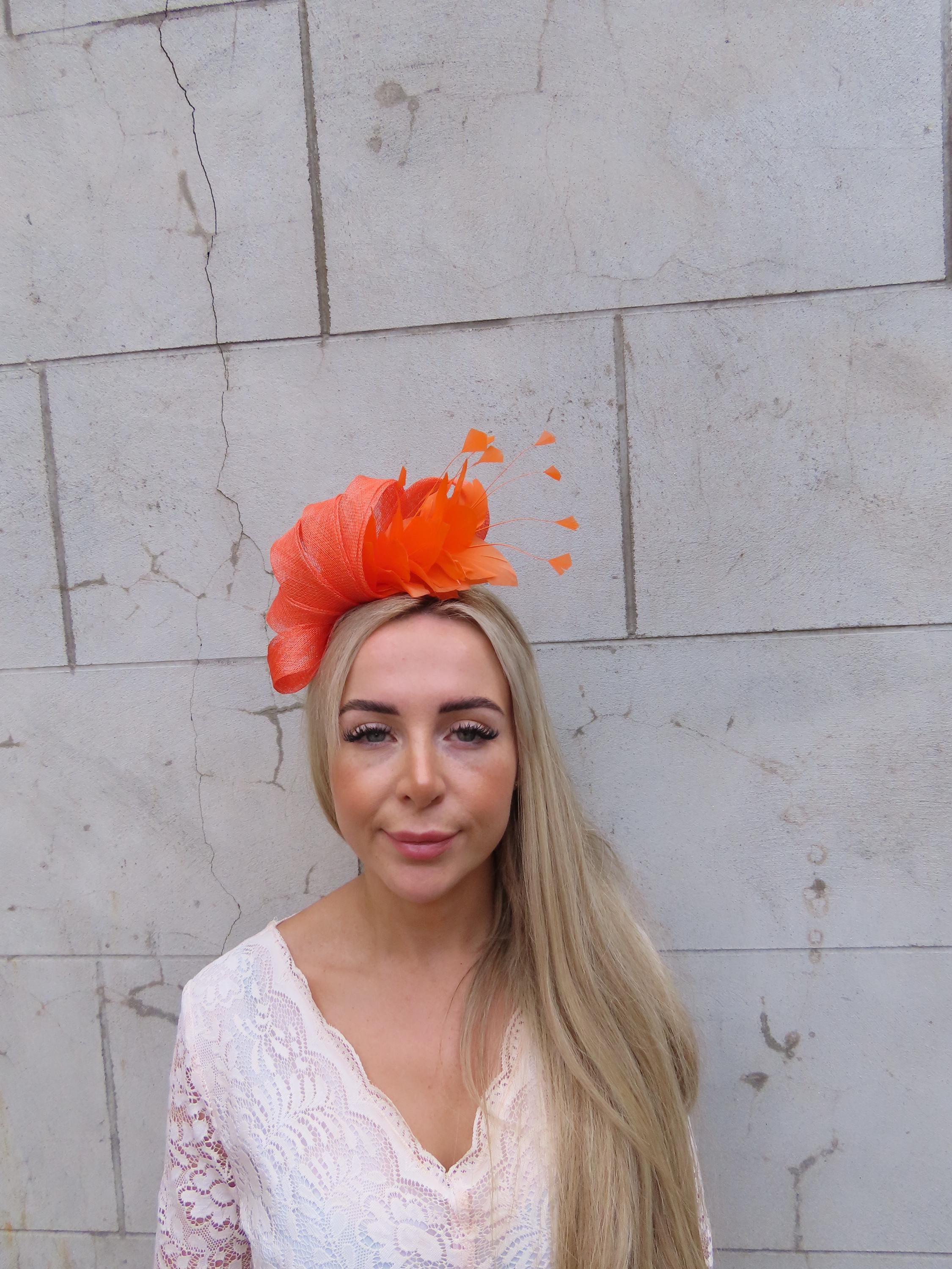 Burnt Orange Feather Fascinator Headband Wedding Guest Headpiece