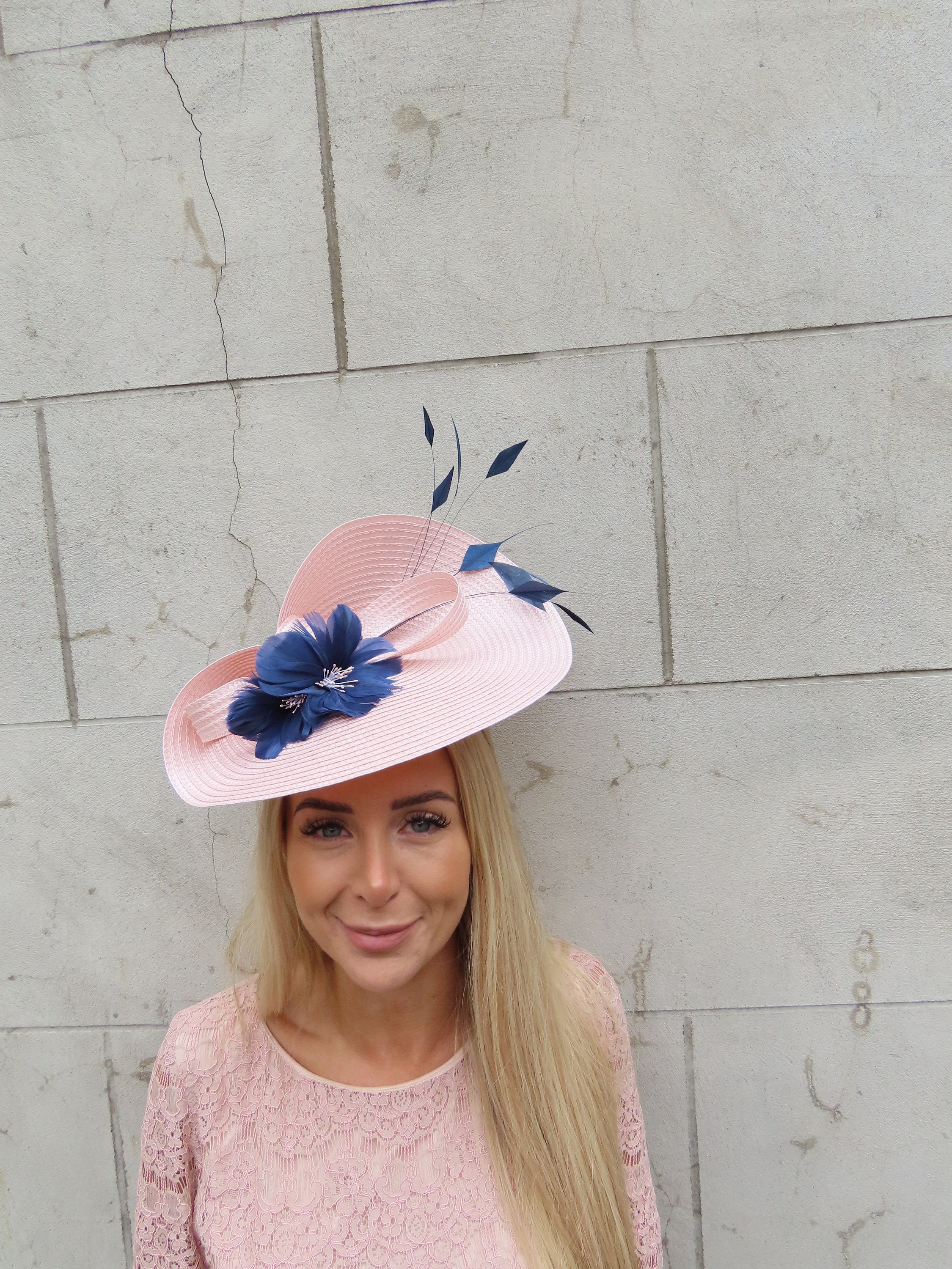 Large Navy Blue & Light Blush Pink Straw Style Hat 