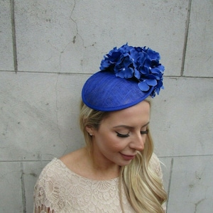 Royal Blue Hydrangea Flower Floral Fascinator Hat Sinamay Saucer Cobalt ps-25