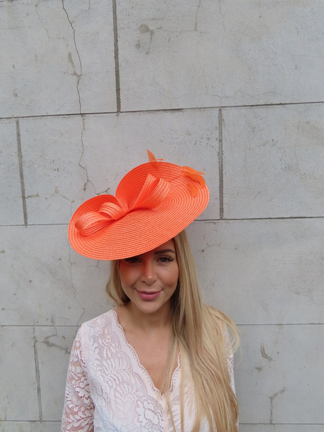 One off Piece Large Orange Feather Straw Style Hat Fascinator Wedding ...