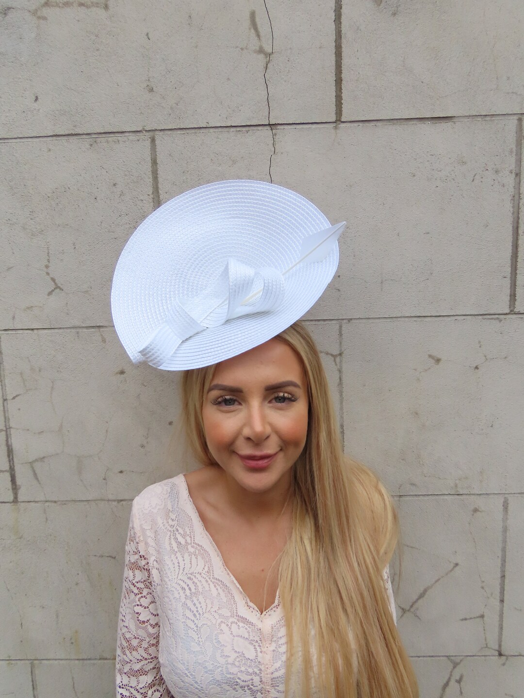 One off Piece Large White Feather Straw Style Hat Fascinator Wedding ...
