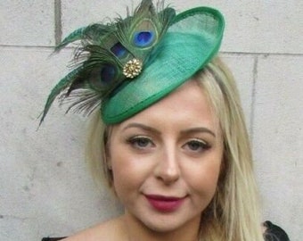 Emerald Green and Gold Peacock Feather Disc Saucer Hat Fascinator Hair Races Headpiece Wedding Hatinator Gold or-04