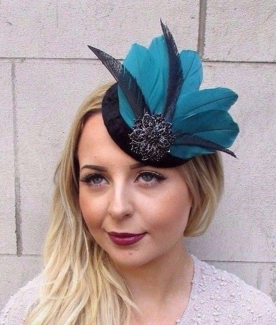 Black Dark Green Rose Flower Feather Pillbox Hat Fascinator Races Hair 6408