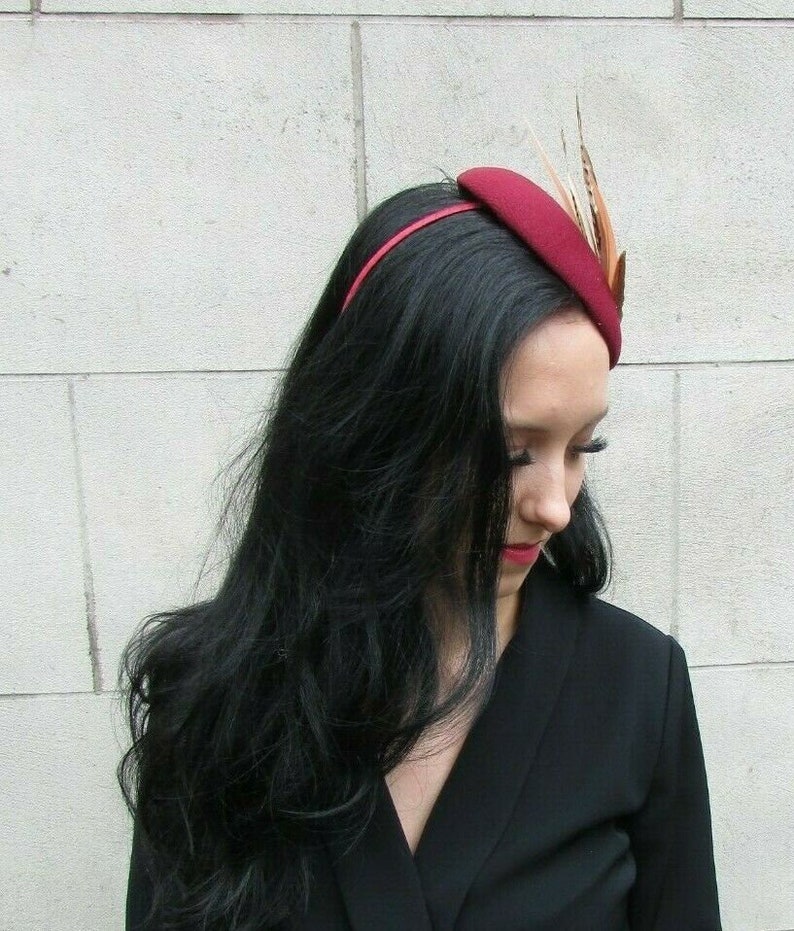 Blush Light Pink Burgundy Wine Red Brown Pheasant Feather Hat Fascinator 7425
