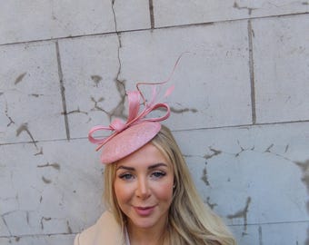 Dusky Blush Pink Sinamay Feather Pillbox Hat Fascinator Races