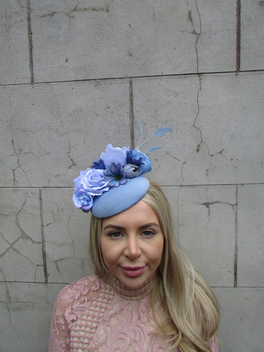 Cornflower Light Blue Flower Feather Pillbox Hat Hair Fascinator