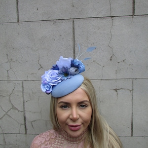 Cornflower Light Blue Flower Feather Pillbox Hat Hair Fascinator Wedding Races Headpiece Headband Hairband Floral Periwinkle or-22