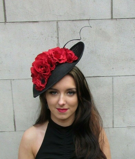 Large Black Red Rose Poppy Flower Feather Fascinator Hat  display picture 2