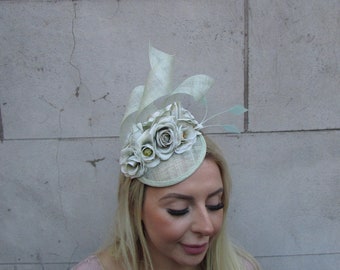 Light Sage Green Mint Rose Flower Fascinator Floral Pillbox Hat Sinamay Wedding Races Hair Fascinator Headpiece Hairband or Clips u1b85