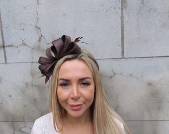 Dark Brown Feather Fascinator Headband Wedding Guest Races Sinamay u1b10