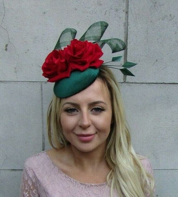 Bottle Dark Emerald Green Red Rose Floral Flower Feather Hat  display picture 2
