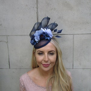 Navy Blue Cornflower Blue Light Flower Fascinator Floral Pillbox Hat Sinamay Wedding Races Hair Fascinator Headpiece Hairband Clips sh-540
