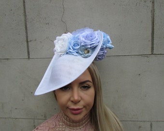 Large White Light Blue Flower Fascinator Hat Big Teardrop Tilted Wedding Races Floral Hatinator Powder Blue Ascot on a Headband u10904