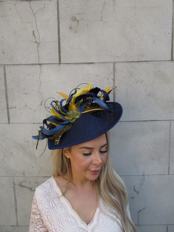 Elegant Feather Fascinator in Blue and Yellow Original Woman Yellow Hat With Blue Feathers for Kentucky  main image 3