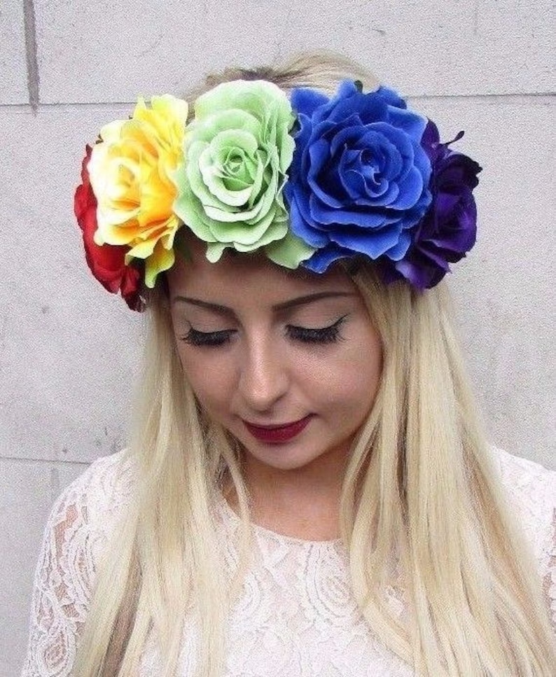 Large Halloween Black {SUGAR SKULL }ROSE Flower Garland Elastic Headband